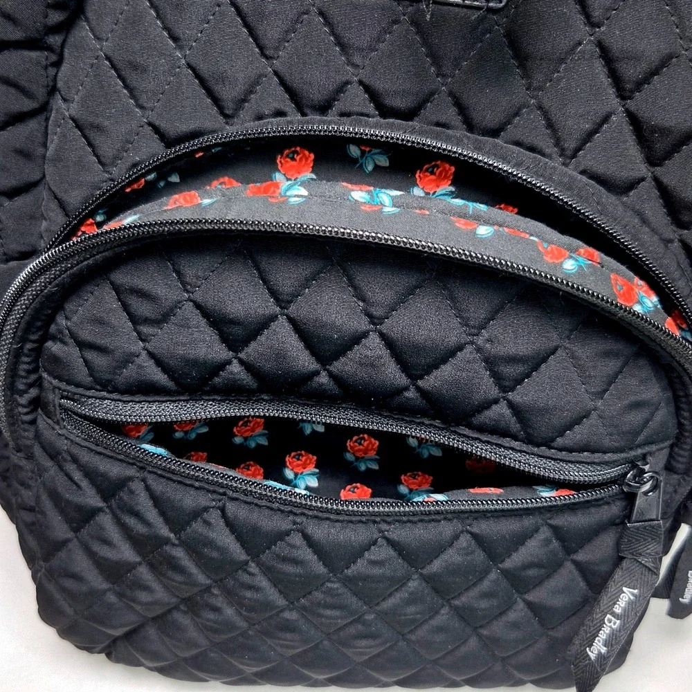Vera Bradley Small Backpack Black Quilted Cotton Floral Lining Travel Bag EUC 75 - Picture 3 of 11
